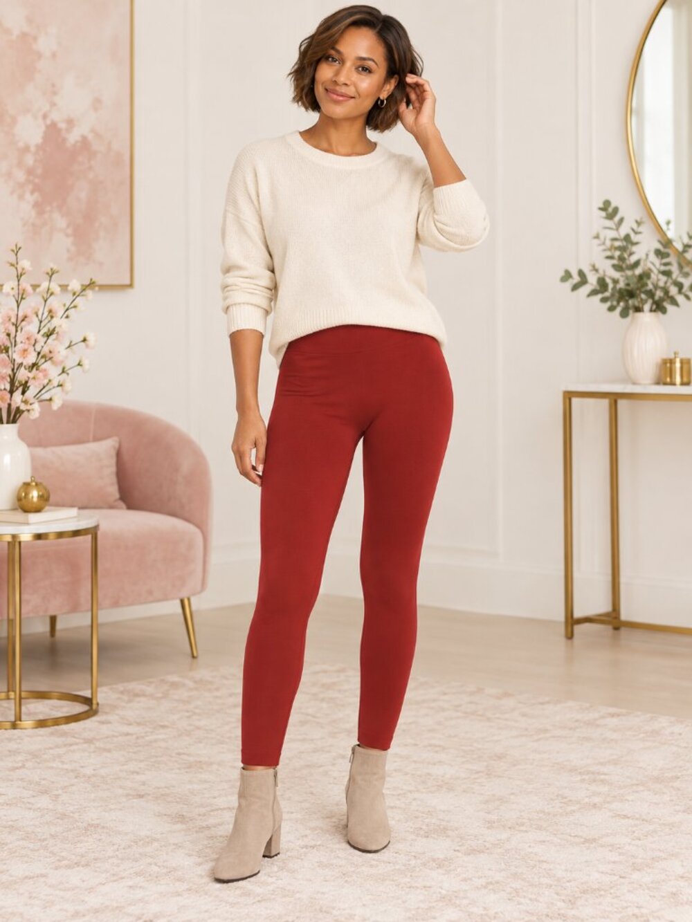 Sofra Dark Red Fleece-Lined Stretch Leggings Free Size